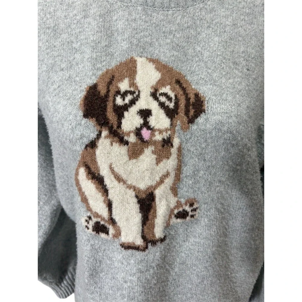 No Boundaries Sweater Womens Size M Gray Puppy Dog Intarsia Knit Pullover - Picture 2 of 8